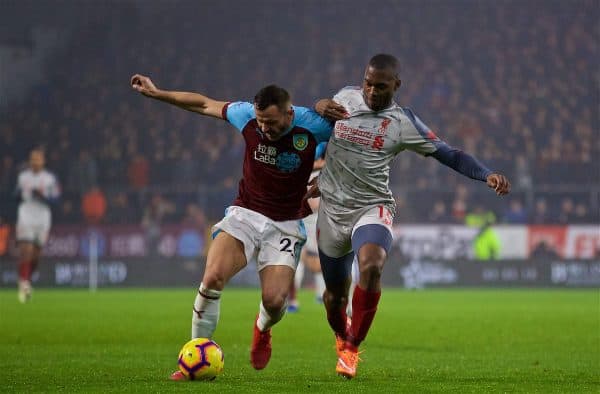 BURNLEY, ENGLAND - Wednesday, December 5, 2018: Liverpool's Daniel Sturridge (R) and Burnley's Phil Bardsley during the FA Premier League match between Burnley FC and Liverpool FC at Turf Moor. (Pic by David Rawcliffe/Propaganda)