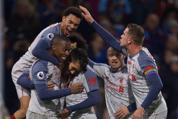 BURNLEY, ENGLAND - Wednesday, December 5, 2018: Liverpool's Roberto Firmino celebrates scoring the second goal with team-mates during the FA Premier League match between Burnley FC and Liverpool FC at Turf Moor. (Pic by David Rawcliffe/Propaganda)