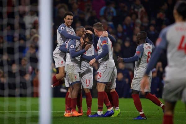 BURNLEY, ENGLAND - Wednesday, December 5, 2018: Liverpool's Roberto Firmino celebrates scoring the second goal with team-mates during the FA Premier League match between Burnley FC and Liverpool FC at Turf Moor. (Pic by David Rawcliffe/Propaganda)