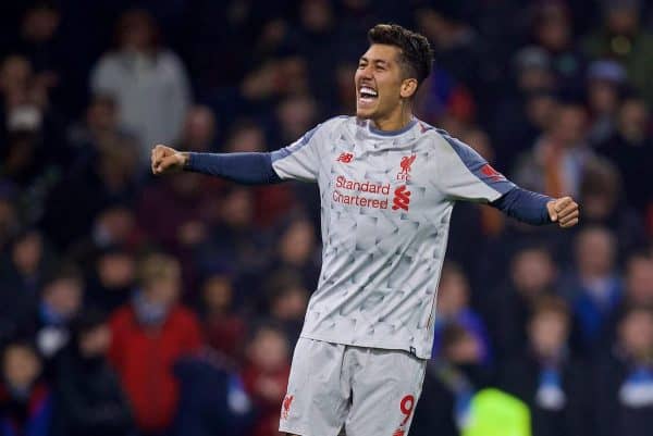 BURNLEY, ENGLAND - Wednesday, December 5, 2018: Liverpool's Roberto Firmino celebrates scoring the second goal during the FA Premier League match between Burnley FC and Liverpool FC at Turf Moor. (Pic by David Rawcliffe/Propaganda)