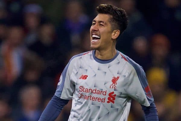 BURNLEY, ENGLAND - Wednesday, December 5, 2018: Liverpool's Roberto Firmino celebrates scoring the second goal during the FA Premier League match between Burnley FC and Liverpool FC at Turf Moor. (Pic by David Rawcliffe/Propaganda)