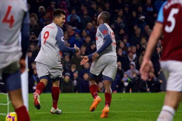 BURNLEY, ENGLAND - Wednesday, December 5, 2018: Liverpool's Roberto Firmino celebrates scoring the second goal with team-mate Daniel Sturridge during the FA Premier League match between Burnley FC and Liverpool FC at Turf Moor. (Pic by David Rawcliffe/Propaganda)