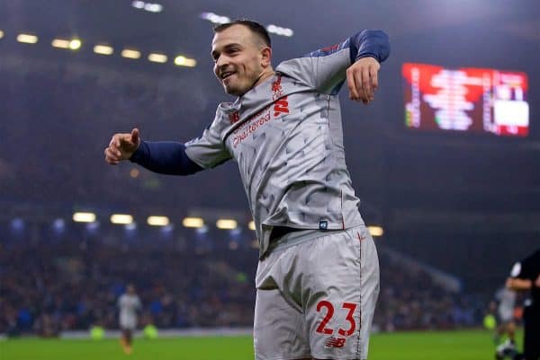 BURNLEY, ENGLAND - Wednesday, December 5, 2018: Liverpool's Xherdan Shaqiri celebrates scoring the third goal during the FA Premier League match between Burnley FC and Liverpool FC at Turf Moor. (Pic by David Rawcliffe/Propaganda)