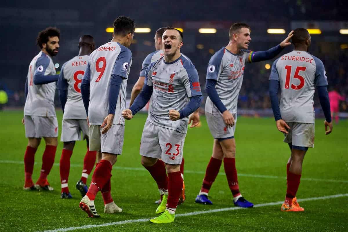 BURNLEY, ENGLAND - Wednesday, December 5, 2018: Liverpool's Xherdan Shaqiri celebrates scoring the third goal with team-mates during the FA Premier League match between Burnley FC and Liverpool FC at Turf Moor. (Pic by David Rawcliffe/Propaganda)