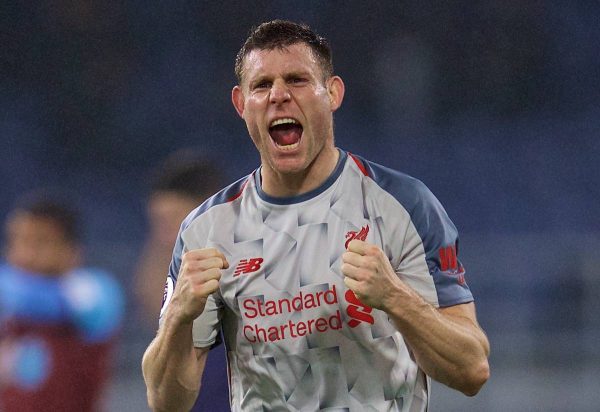 BURNLEY, ENGLAND - Wednesday, December 5, 2018: Liverpool's James Milner celebrates after the FA Premier League match between Burnley FC and Liverpool FC at Turf Moor. Liverpool won 3-1. (Pic by David Rawcliffe/Propaganda)