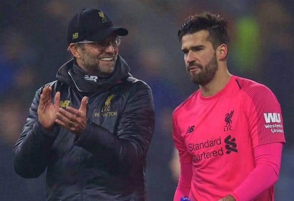 BURNLEY, ENGLAND - Wednesday, December 5, 2018: Liverpool's manager J¸rgen Klopp (L) and goalkeeper Alisson Becker celebrate during the FA Premier League match between Burnley FC and Liverpool FC at Turf Moor. Liverpool 3-1. (Pic by David Rawcliffe/Propaganda)