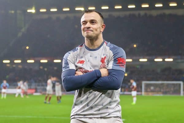 BURNLEY, ENGLAND - Wednesday, December 5, 2018: Liverpool's Xherdan Shaqiri celebrates scoring the third goal during the FA Premier League match between Burnley FC and Liverpool FC at Turf Moor. (Pic by David Rawcliffe/Propaganda)