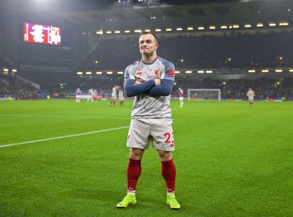 BURNLEY, ENGLAND - Wednesday, December 5, 2018: Liverpool's Xherdan Shaqiri celebrates scoring the third goal during the FA Premier League match between Burnley FC and Liverpool FC at Turf Moor. (Pic by David Rawcliffe/Propaganda)