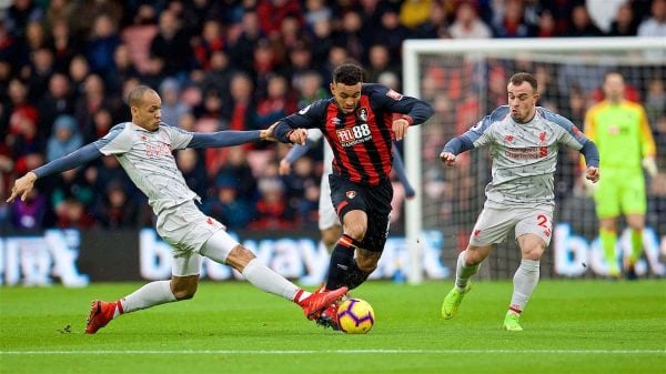 BOURNEMOUTH, ENGLAND - Saturday, December 8, 2018: Liverpool's Fabio Henrique Tavares 'Fabinho' (L), Xherdan Shaqiri (R) and AFC Bournemouth's Joshua King (C) during the FA Premier League match between AFC Bournemouth and Liverpool FC at the Vitality Stadium. (Pic by David Rawcliffe/Propaganda)
