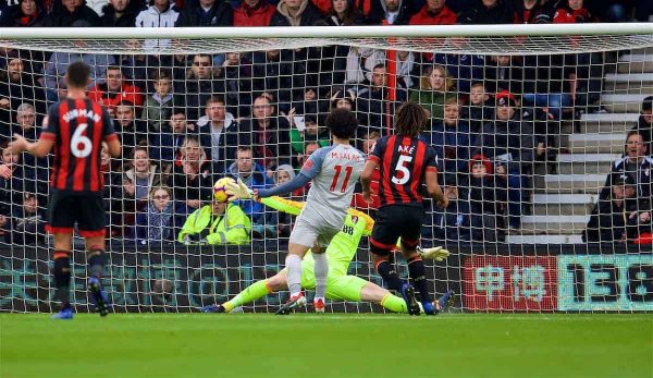 BOURNEMOUTH, ENGLAND - Saturday, December 8, 2018: Liverpool's Mohamed Salah scores the first goal during the FA Premier League match between AFC Bournemouth and Liverpool FC at the Vitality Stadium. (Pic by David Rawcliffe/Propaganda)