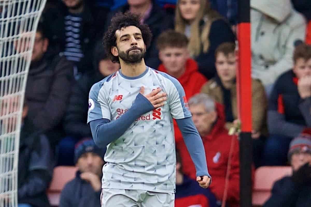 BOURNEMOUTH, ENGLAND - Saturday, December 8, 2018: Liverpool's Mohamed Salah celebrates scoring the first goal during the FA Premier League match between AFC Bournemouth and Liverpool FC at the Vitality Stadium. (Pic by David Rawcliffe/Propaganda)