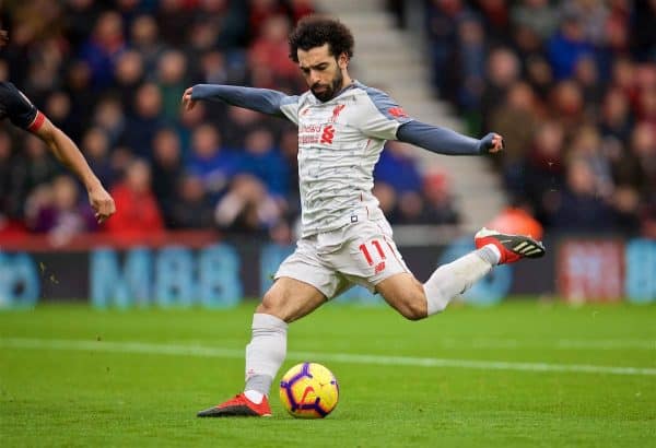 BOURNEMOUTH, ENGLAND - Saturday, December 8, 2018: Liverpool's Mohamed Salah scores the second goal during the FA Premier League match between AFC Bournemouth and Liverpool FC at the Vitality Stadium. (Pic by David Rawcliffe/Propaganda)