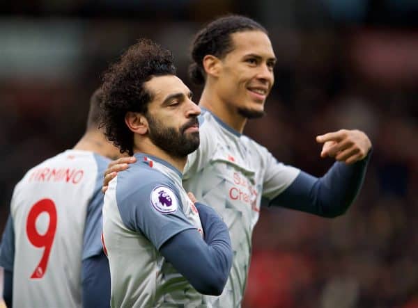 BOURNEMOUTH, ENGLAND - Saturday, December 8, 2018: Liverpool's Mohamed Salah celebrates scoring the second goal with team-mate Virgil van Dijk during the FA Premier League match between AFC Bournemouth and Liverpool FC at the Vitality Stadium. (Pic by David Rawcliffe/Propaganda)