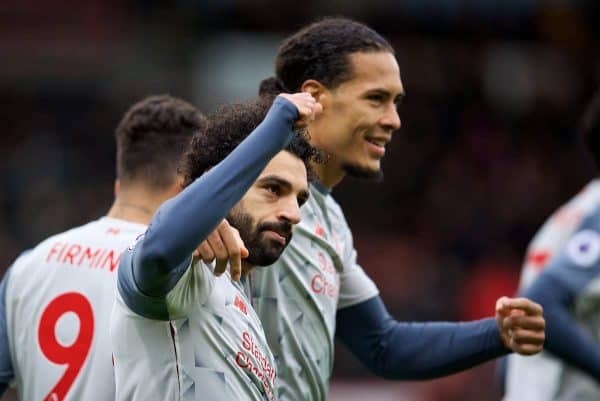 BOURNEMOUTH, ENGLAND - Saturday, December 8, 2018: Liverpool's Mohamed Salah celebrates scoring the second goal with team-mate Virgil van Dijk during the FA Premier League match between AFC Bournemouth and Liverpool FC at the Vitality Stadium. (Pic by David Rawcliffe/Propaganda)