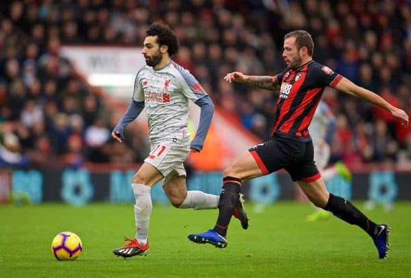 BOURNEMOUTH, ENGLAND - Saturday, December 8, 2018: Liverpool's Mohamed Salah on his way to score the second goal during the FA Premier League match between AFC Bournemouth and Liverpool FC at the Vitality Stadium. (Pic by David Rawcliffe/Propaganda)