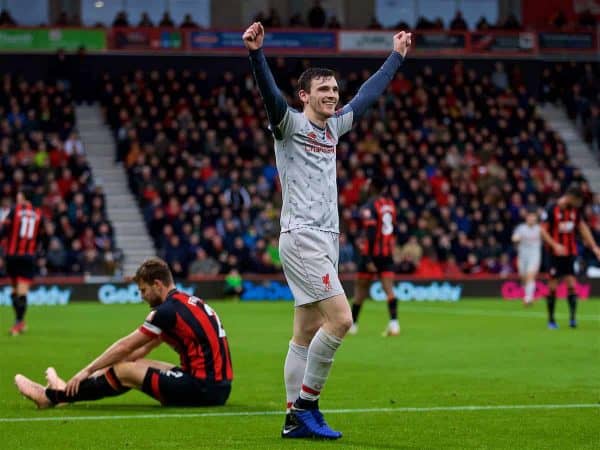 BOURNEMOUTH, ENGLAND - Saturday, December 8, 2018: Liverpool's Andy Robertson celebrates after forcing an own-goal from AFC Bournemouth's captain Simon Francis during the FA Premier League match between AFC Bournemouth and Liverpool FC at the Vitality Stadium. (Pic by David Rawcliffe/Propaganda)