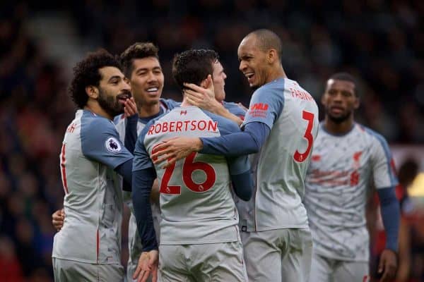 BOURNEMOUTH, ENGLAND - Saturday, December 8, 2018: Liverpool's Andy Robertson celebrates scoring the third goal with team-mates during the FA Premier League match between AFC Bournemouth and Liverpool FC at the Vitality Stadium. (Pic by David Rawcliffe/Propaganda)