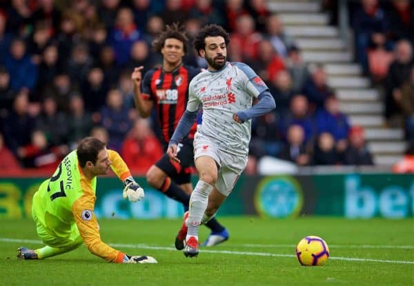 BOURNEMOUTH, ENGLAND - Saturday, December 8, 2018: Liverpool's Mohamed Salah on his way scoring the fourth goal, completing his hat-trick, during the FA Premier League match between AFC Bournemouth and Liverpool FC at the Vitality Stadium. (Pic by David Rawcliffe/Propaganda)