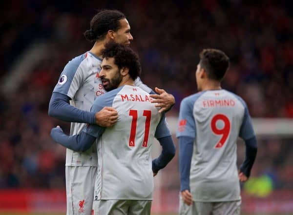 BOURNEMOUTH, ENGLAND - Saturday, December 8, 2018: Liverpool's Mohamed Salah celebrates scoring the fourth goal with team-mate Virgil van Dijk during the FA Premier League match between AFC Bournemouth and Liverpool FC at the Vitality Stadium. (Pic by David Rawcliffe/Propaganda)