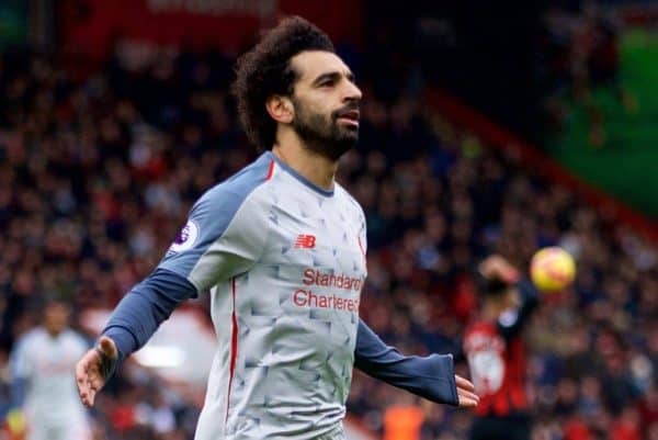 BOURNEMOUTH, ENGLAND - Saturday, December 8, 2018: Liverpool's Mohamed Salah celebrates scoring the fourth goal during the FA Premier League match between AFC Bournemouth and Liverpool FC at the Vitality Stadium. (Pic by David Rawcliffe/Propaganda)