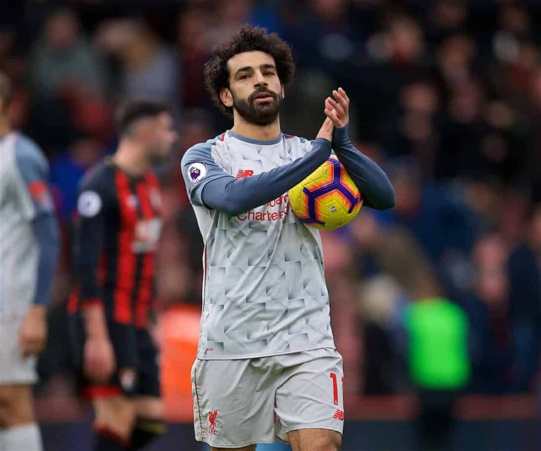 BOURNEMOUTH, ENGLAND - Saturday, December 8, 2018: Liverpool's hat-trick hero Mohamed Salah with the match ball after the 4-0 victory over AFC Bournemouth during the FA Premier League match between AFC Bournemouth and Liverpool FC at the Vitality Stadium. (Pic by David Rawcliffe/Propaganda)