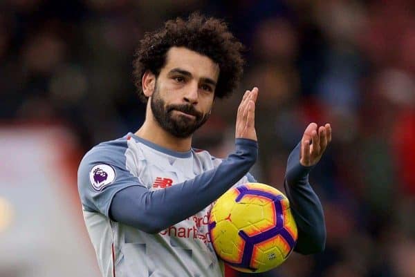 BOURNEMOUTH, ENGLAND - Saturday, December 8, 2018: Liverpool's hat-trick hero Mohamed Salah with the match ball after the 4-0 victory over AFC Bournemouth during the FA Premier League match between AFC Bournemouth and Liverpool FC at the Vitality Stadium. (Pic by David Rawcliffe/Propaganda)