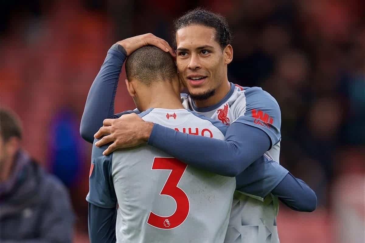 BOURNEMOUTH, ENGLAND - Saturday, December 8, 2018: Liverpool's Fabio Henrique Tavares 'Fabinho' (3) and Virgil van Dijk celebrate after the 4-0 victory over AFC Bournemouth during the FA Premier League match between AFC Bournemouth and Liverpool FC at the Vitality Stadium. Liverpool won 4-0. (Pic by David Rawcliffe/Propaganda)