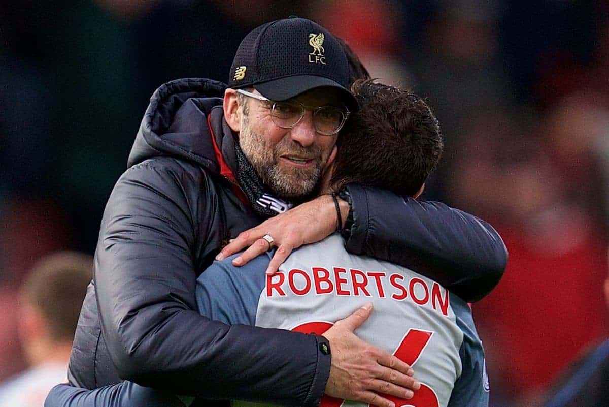 BOURNEMOUTH, ENGLAND - Saturday, December 8, 2018: Liverpool's manager J¸rgen Klopp embraces Andy Robertson after the 4-0 victory over AFC Bournemouth during the FA Premier League match between AFC Bournemouth and Liverpool FC at the Vitality Stadium. Liverpool won 4-0. (Pic by David Rawcliffe/Propaganda)