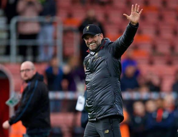 BOURNEMOUTH, ENGLAND - Saturday, December 8, 2018: Liverpool's manager Jürgen Klopp celebrates after the 4-0 victory over AFC Bournemouth during the FA Premier League match between AFC Bournemouth and Liverpool FC at the Vitality Stadium. Liverpool won 4-0. (Pic by David Rawcliffe/Propaganda)