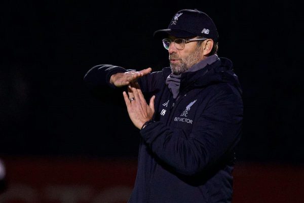 LIVERPOOL, ENGLAND - Monday, December 10, 2018: Liverpool's manager Jürgen Klopp calls time on the open session for the media during a training session at Melwood Training Ground ahead of the UEFA Champions League Group C match between Liverpool FC and SSC Napoli. (Pic by David Rawcliffe/Propaganda)