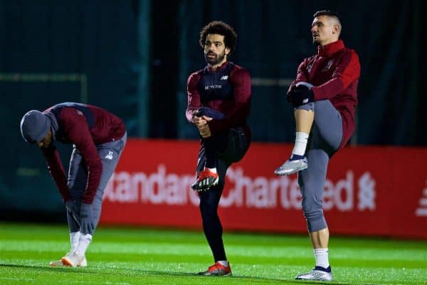 LIVERPOOL, ENGLAND - Monday, December 10, 2018: Liverpool's Mohamed Salah (L) and Dejan Lovren (R) during a training session at Melwood Training Ground ahead of the UEFA Champions League Group C match between Liverpool FC and SSC Napoli. (Pic by David Rawcliffe/Propaganda)