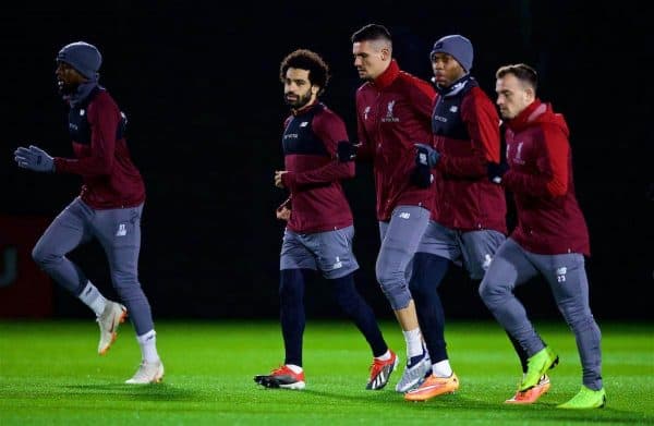 LIVERPOOL, ENGLAND - Monday, December 10, 2018: Liverpool's Mohamed Salah, Dejan Lovren, Daniel Sturridge and Xherdan Shaqiri during a training session at Melwood Training Ground ahead of the UEFA Champions League Group C match between Liverpool FC and SSC Napoli. (Pic by David Rawcliffe/Propaganda)