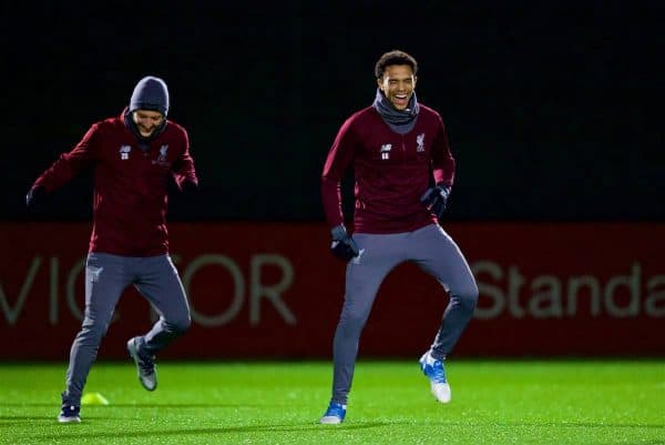 LIVERPOOL, ENGLAND - Monday, December 10, 2018: Liverpool's Adam Lallana (L) and Trent Alexander-Arnold (R) during a training session at Melwood Training Ground ahead of the UEFA Champions League Group C match between Liverpool FC and SSC Napoli. (Pic by David Rawcliffe/Propaganda)