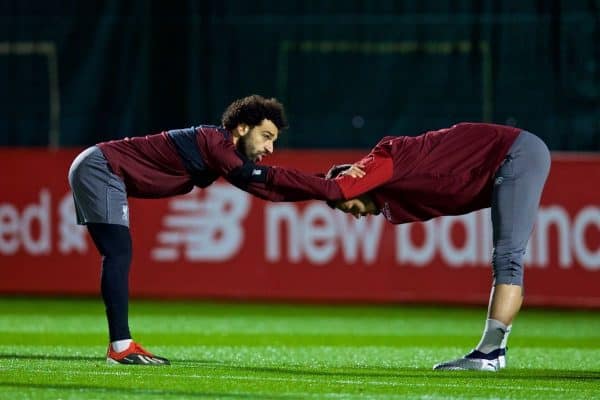 LIVERPOOL, ENGLAND - Monday, December 10, 2018: Liverpool's Mohamed Salah (L) and Dejan Lovren during a training session at Melwood Training Ground ahead of the UEFA Champions League Group C match between Liverpool FC and SSC Napoli. (Pic by David Rawcliffe/Propaganda)