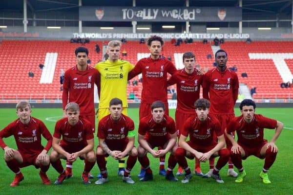 ST HELENS, ENGLAND - Monday, December 10, 2018: Liverpool players line-up for a team group photograph before the UEFA Youth League Group C match between Liverpool FC and SSC Napoli at Langtree Park. Back row L-R: Ki-Jana Hoever, goalkeeper Vitezslav Jaros, Rhys Williams, Liam Millar, Rafael Camacho. Front row L-R: Jake Cain, Paul Glatzel, captain Adam Lewis, Liam Coyle, Neco Williams, Curtis Jones.(Pic by David Rawcliffe/Propaganda)