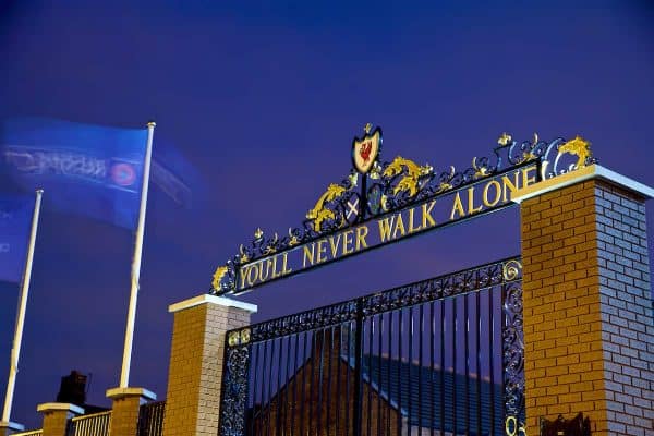 LIVERPOOL, ENGLAND - Tuesday, December 11, 2018: A view of Liverpool's famous Shankly Gates, featuring "You'll Never Walk Alone" General (Pic by David Rawcliffe/Propaganda)