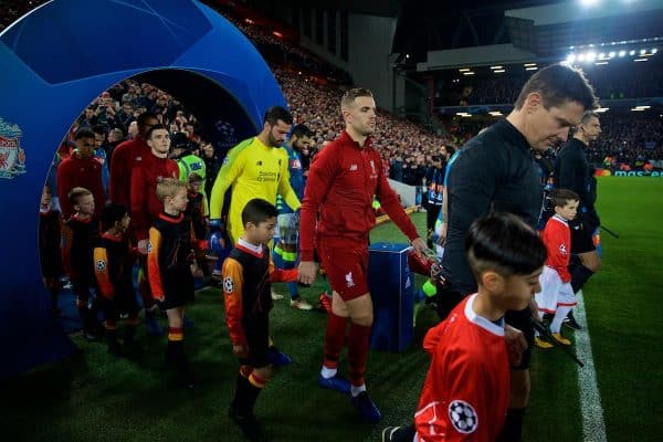 LIVERPOOL, ENGLAND - Tuesday, December 11, 2018: Liverpool's captain Jordan Henderson leads his side out before the UEFA Champions League Group C match between Liverpool FC and SSC Napoli at Anfield. (Pic by David Rawcliffe/Propaganda)