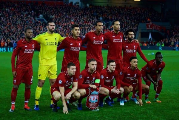 LIVERPOOL, ENGLAND - Tuesday, December 11, 2018: Liverpool's players line-up for a team group photograph before the UEFA Champions League Group C match between Liverpool FC and SSC Napoli at Anfield. Back row L-R: Georginio Wijnaldum, goalkeeper Alisson Becker, Roberto Firmino, Joel Matip, Virgil van Dijk, Mohamed Salah. Front row L-R: James Milner, captain Jordan Henderson, Andy Robertson, Trent Alexander-Arnold, Sadio Mane. (Pic by David Rawcliffe/Propaganda)