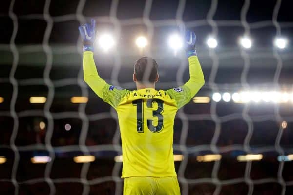 LIVERPOOL, ENGLAND - Tuesday, December 11, 2018: Liverpool's goalkeeper Alisson Becker before the UEFA Champions League Group C match between Liverpool FC and SSC Napoli at Anfield. (Pic by David Rawcliffe/Propaganda)