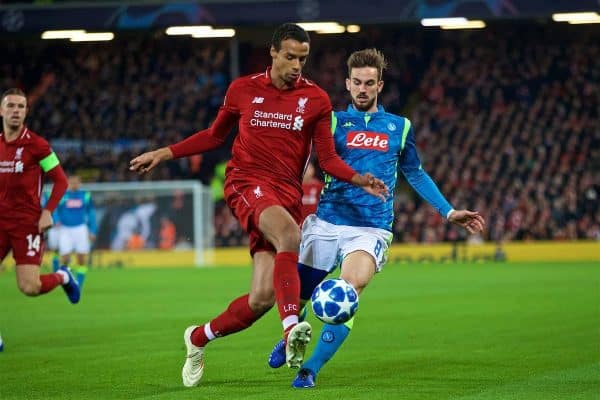 LIVERPOOL, ENGLAND - Tuesday, December 11, 2018: Liverpool's Joel Matip (L) and SSC Napoli's Fabián Ruiz during the UEFA Champions League Group C match between Liverpool FC and SSC Napoli at Anfield. (Pic by David Rawcliffe/Propaganda)