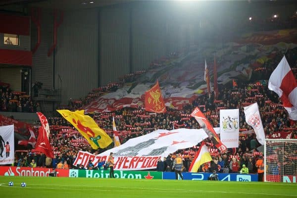 LIVERPOOL, ENGLAND - Tuesday, December 11, 2018: Liverpool supporters on the Spion Kop during the UEFA Champions League Group C match between Liverpool FC and SSC Napoli at Anfield. (Pic by David Rawcliffe/Propaganda)