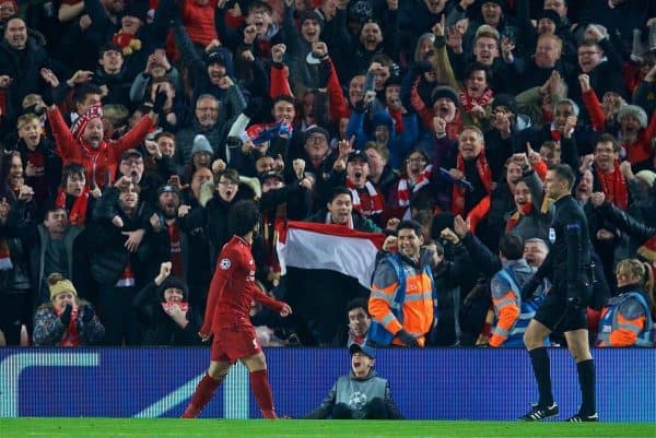 LIVERPOOL, ENGLAND - Tuesday, December 11, 2018: Liverpool's Mohamed Salah celebrates scoring the first goal during the UEFA Champions League Group C match between Liverpool FC and SSC Napoli at Anfield. (Pic by David Rawcliffe/Propaganda)