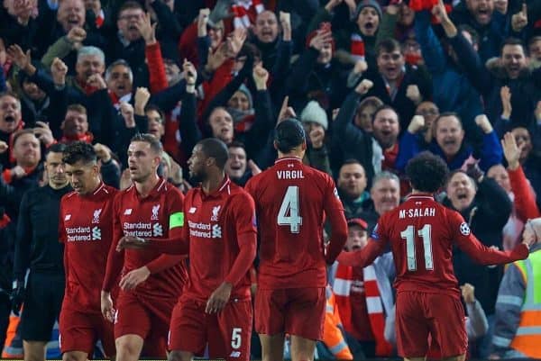 LIVERPOOL, ENGLAND - Tuesday, December 11, 2018: Liverpool's Mohamed Salah celebrates scoring the first goal during the UEFA Champions League Group C match between Liverpool FC and SSC Napoli at Anfield. (Pic by David Rawcliffe/Propaganda)