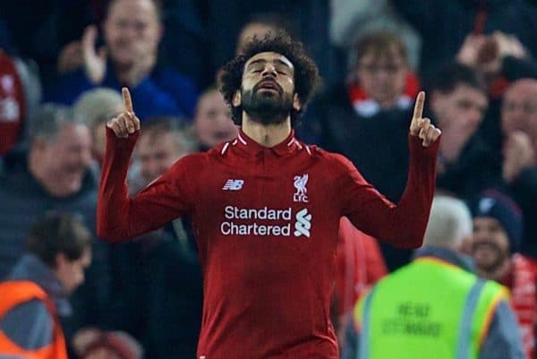 LIVERPOOL, ENGLAND - Tuesday, December 11, 2018: Liverpool's Mohamed Salah celebrates scoring the first goal during the UEFA Champions League Group C match between Liverpool FC and SSC Napoli at Anfield. (Pic by David Rawcliffe/Propaganda)