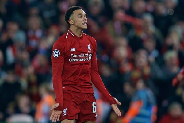 LIVERPOOL, ENGLAND - Tuesday, December 11, 2018: Liverpool's Trent Alexander-Arnold urges the crowd on during the UEFA Champions League Group C match between Liverpool FC and SSC Napoli at Anfield. (Pic by David Rawcliffe/Propaganda)