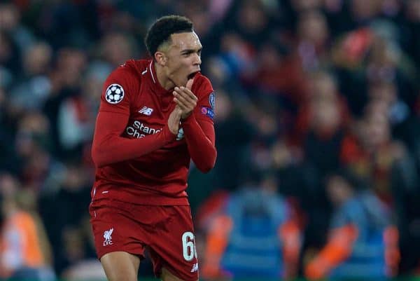 LIVERPOOL, ENGLAND - Tuesday, December 11, 2018: Liverpool's Trent Alexander-Arnold urges the crowd on during the UEFA Champions League Group C match between Liverpool FC and SSC Napoli at Anfield. (Pic by David Rawcliffe/Propaganda)