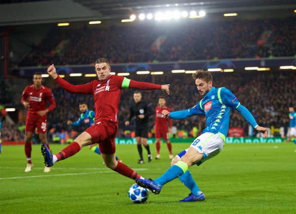 LIVERPOOL, ENGLAND - Tuesday, December 11, 2018: Liverpool's captain Jordan Henderson (L) and Napoli's Fabián Ruiz during the UEFA Champions League Group C match between Liverpool FC and SSC Napoli at Anfield. (Pic by David Rawcliffe/Propaganda)