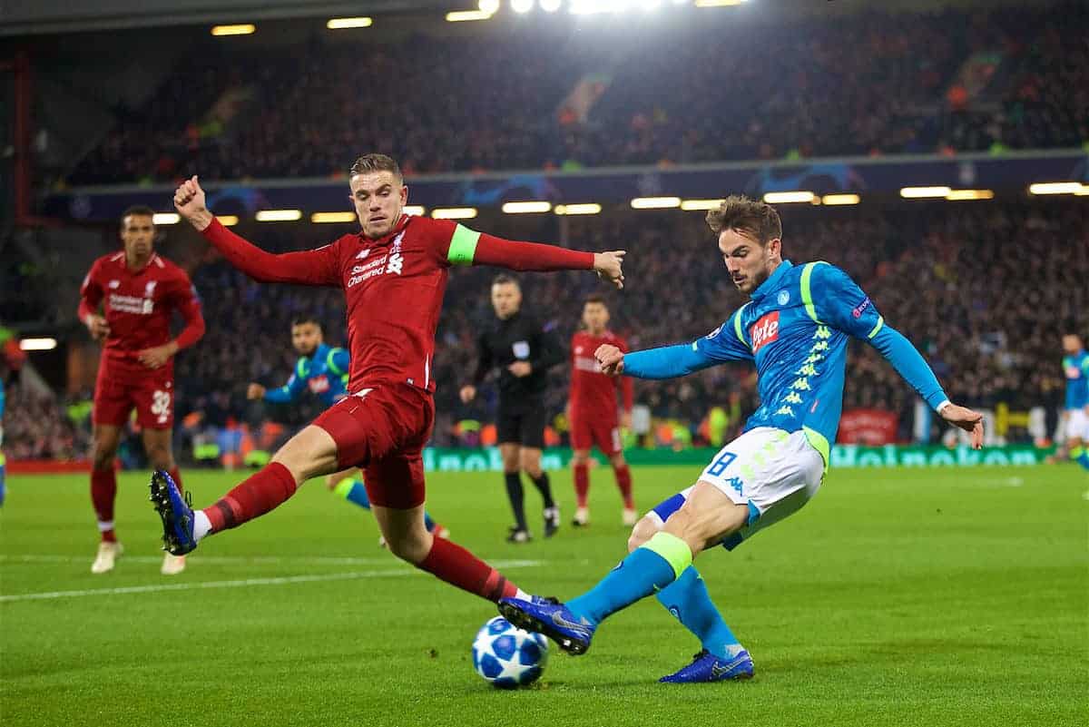 LIVERPOOL, ENGLAND - Tuesday, December 11, 2018: Liverpool's captain Jordan Henderson (L) and Napoli's Fabián Ruiz during the UEFA Champions League Group C match between Liverpool FC and SSC Napoli at Anfield. (Pic by David Rawcliffe/Propaganda)