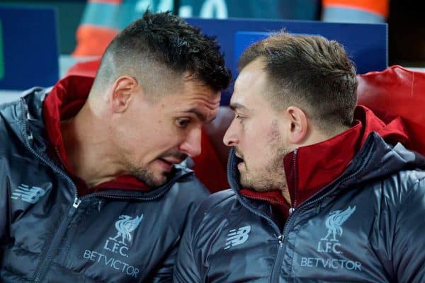 LIVERPOOL, ENGLAND - Tuesday, December 11, 2018: Liverpool's substitutes Dejan Lovren and Xherdan Shaqiri before the UEFA Champions League Group C match between Liverpool FC and SSC Napoli at Anfield. (Pic by David Rawcliffe/Propaganda)
