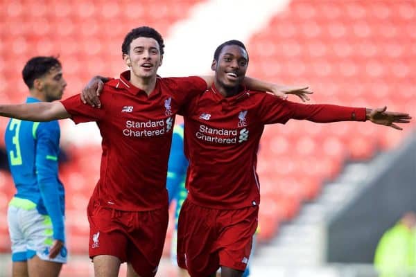 ST HELENS, ENGLAND - Monday, December 10, 2018: Liverpool's Rafael Camacho (R) celebrates scoring the first goal with team-mate Curtis Jones during the UEFA Youth League Group C match between Liverpool FC and SSC Napoli at Langtree Park. (Pic by David Rawcliffe/Propaganda)